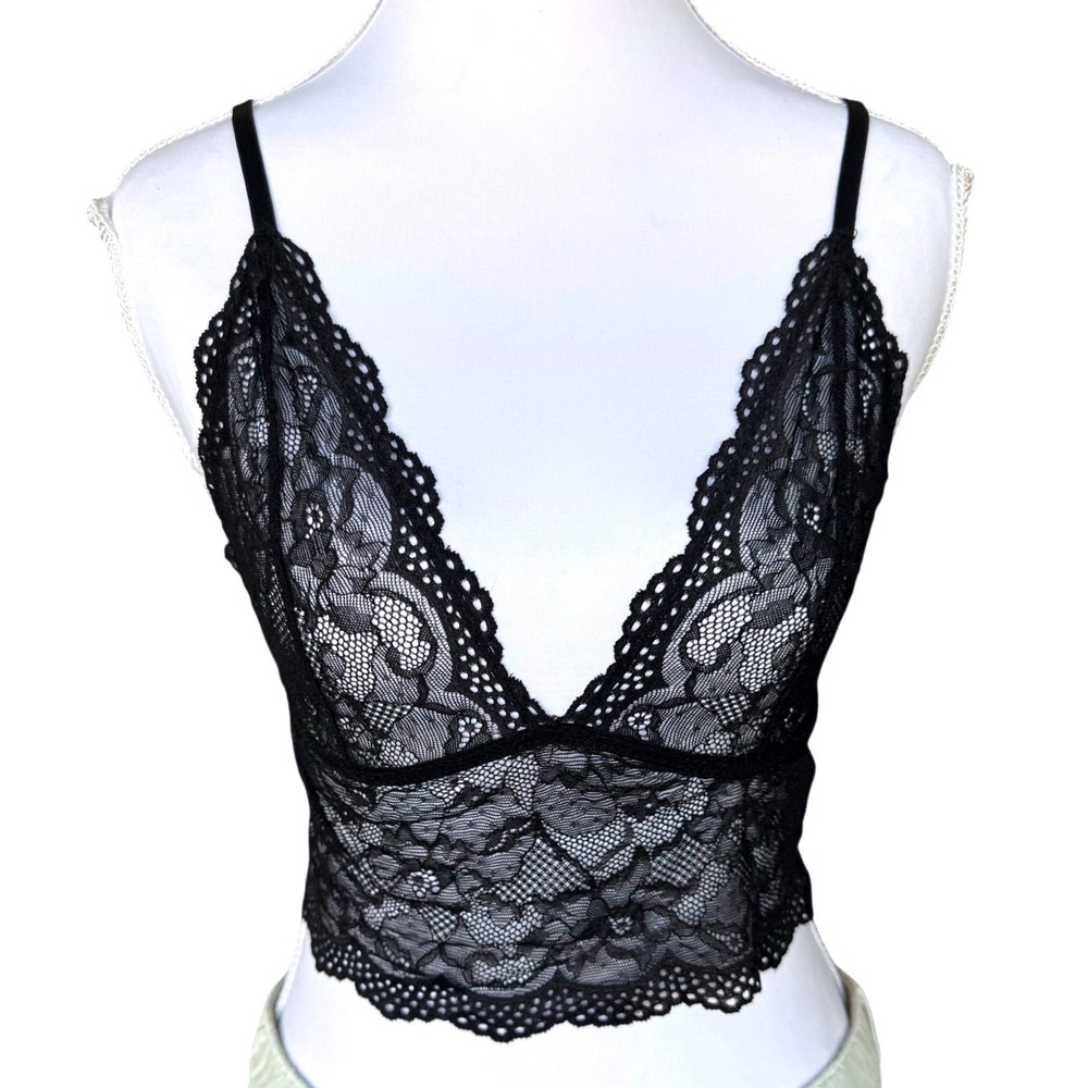 Anine Bing Black Lace Bralette V-Neck Scalloped Trim Sheer Crop Top Cami XS